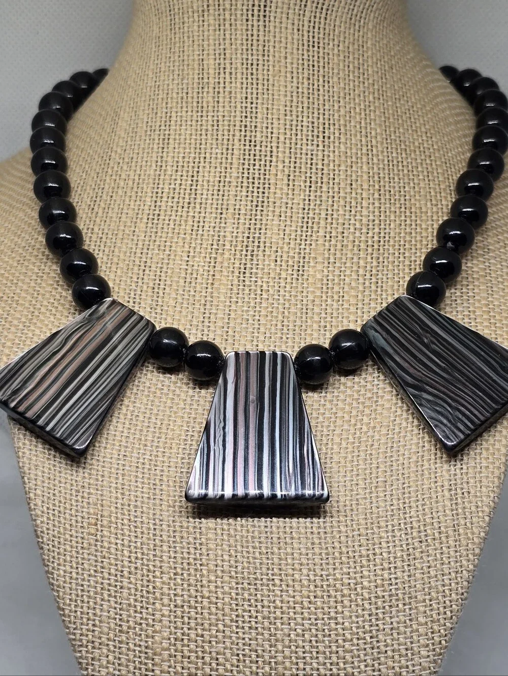 Vintage Black Silver Beaded Statement Necklace Geometric Art Deco Revival 80s